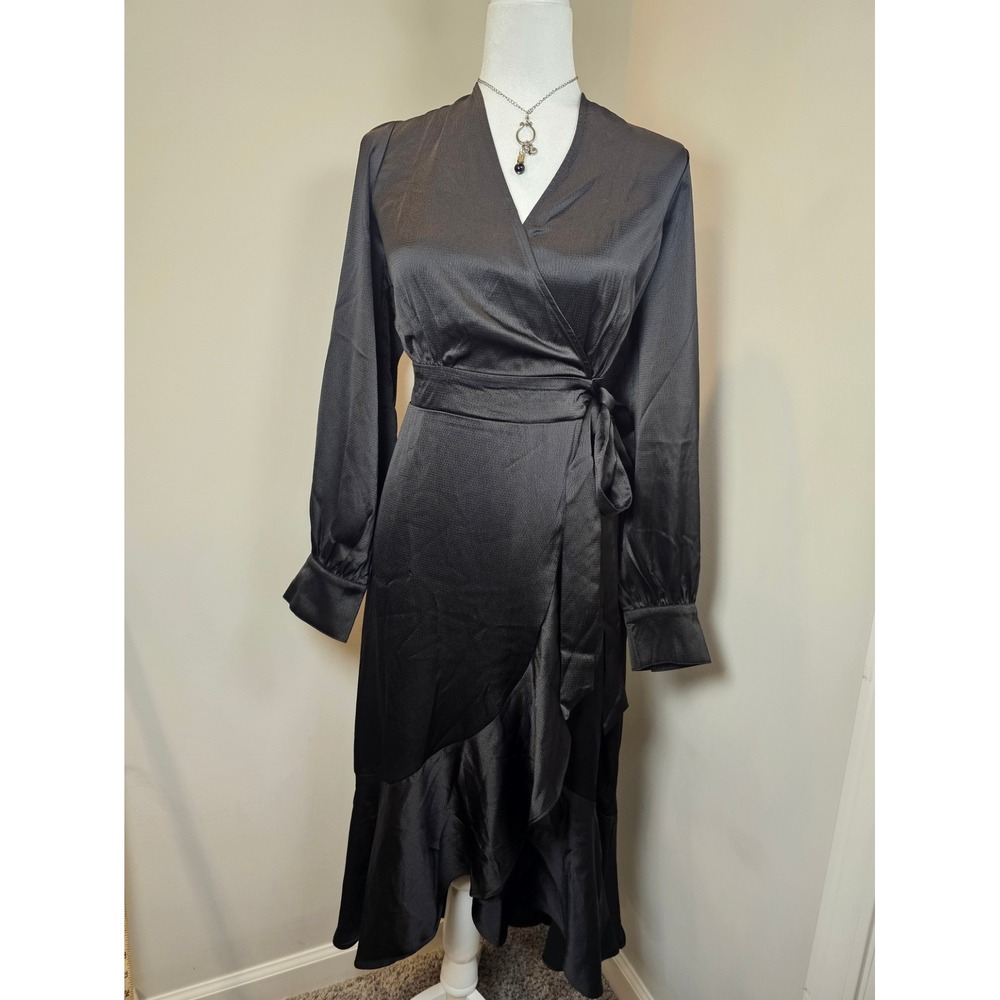 Sofia Jeans by Sofia Vergara Black Satin Faux Wrap Ruffle Midi Dress XL 16-18